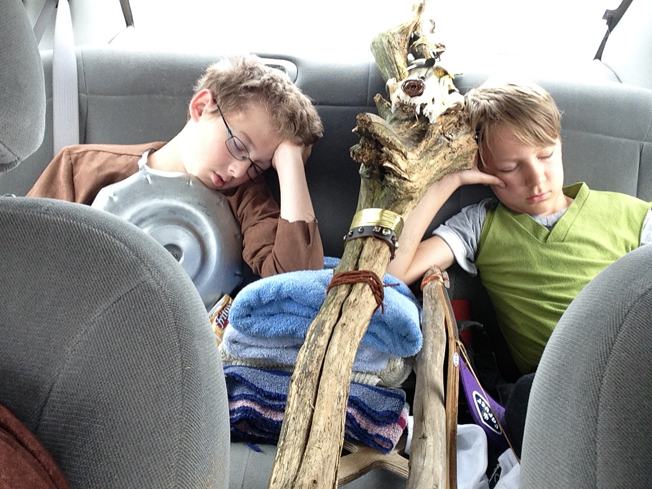 Here Donnie and Elias are asleep with the magical staff in between them. I found this to be an interesting photograph with the 3 heads in a row.